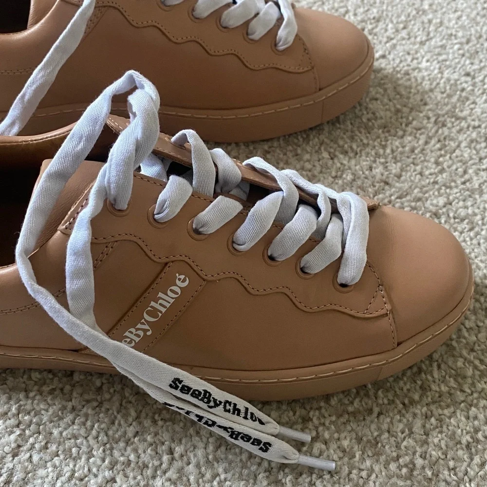 Like new! See By Chloe Essie Leather Tan Sneakers with White Laces